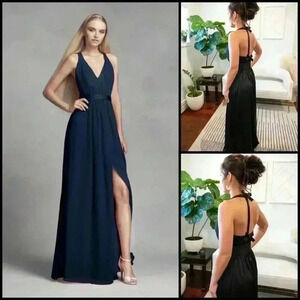 New Vera Wang White V Neck Halter Bow Formal Wedding Blue Gown With Sash Size 6